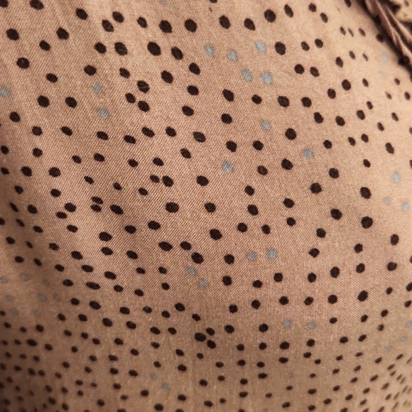 WOMENS ZARA tan with brown & blue polka dot abalone button top size Smal… - Picture 5 of 16